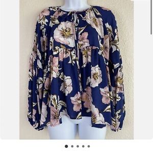Altar’d State blue floral ruffle tie-neck blouse